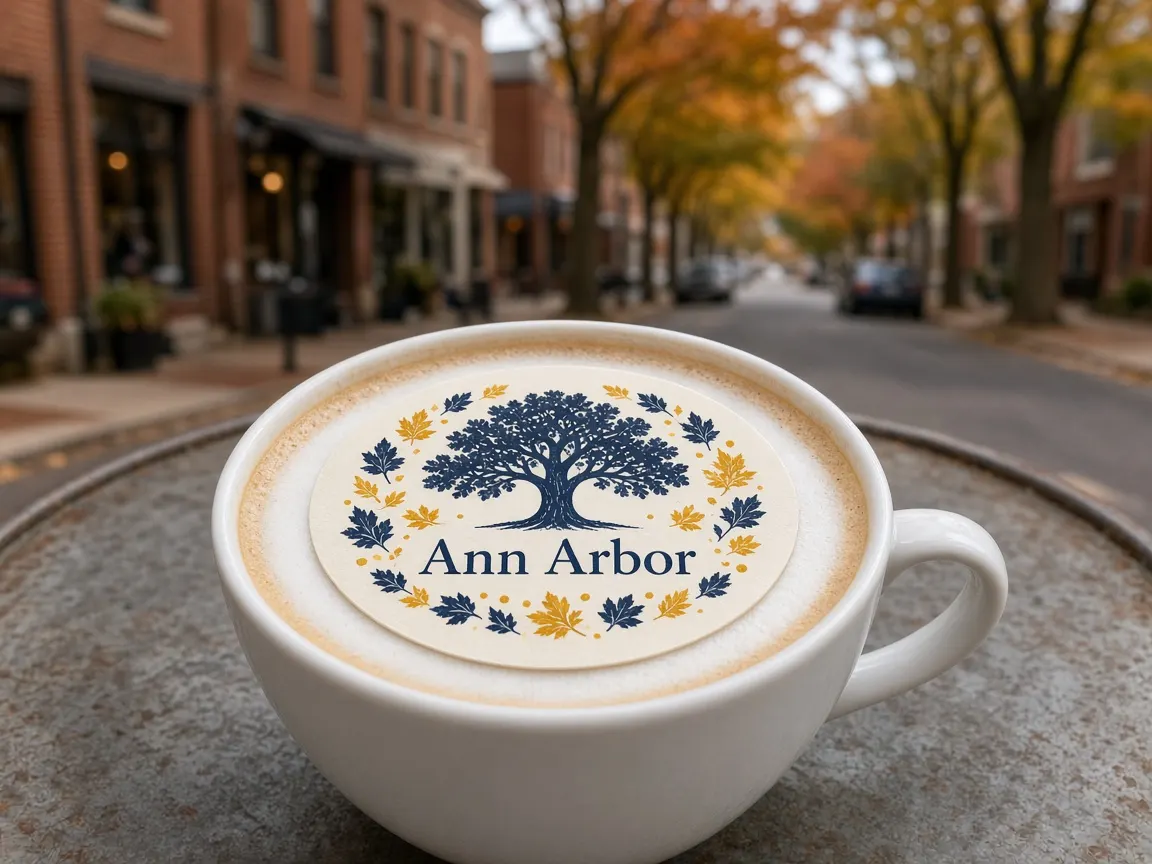 Latte with an oak tree Ann Arbor topper on a tree-lined college town street