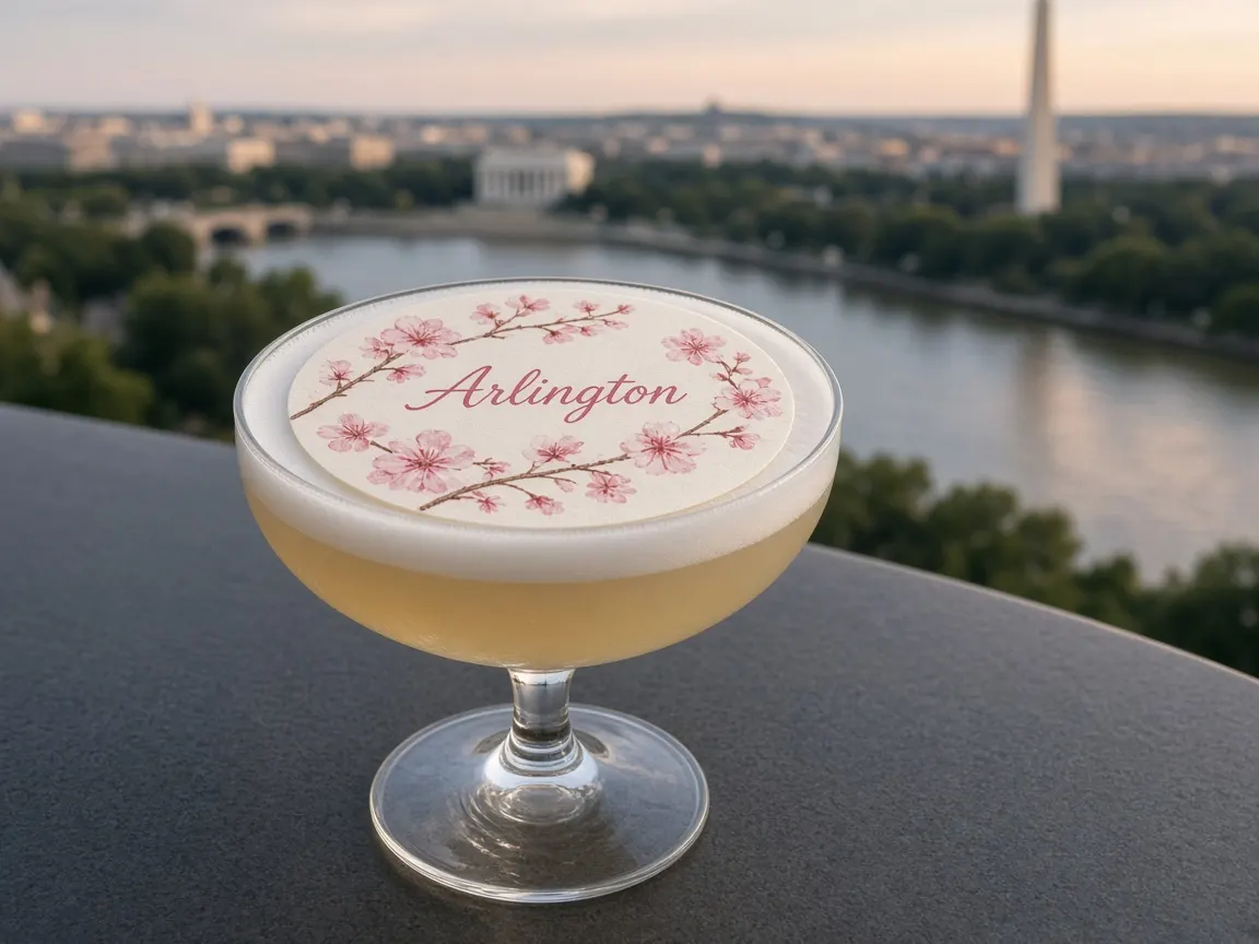 Champagne sour with a cherry blossom Arlington topper overlooking the Potomac and the monuments