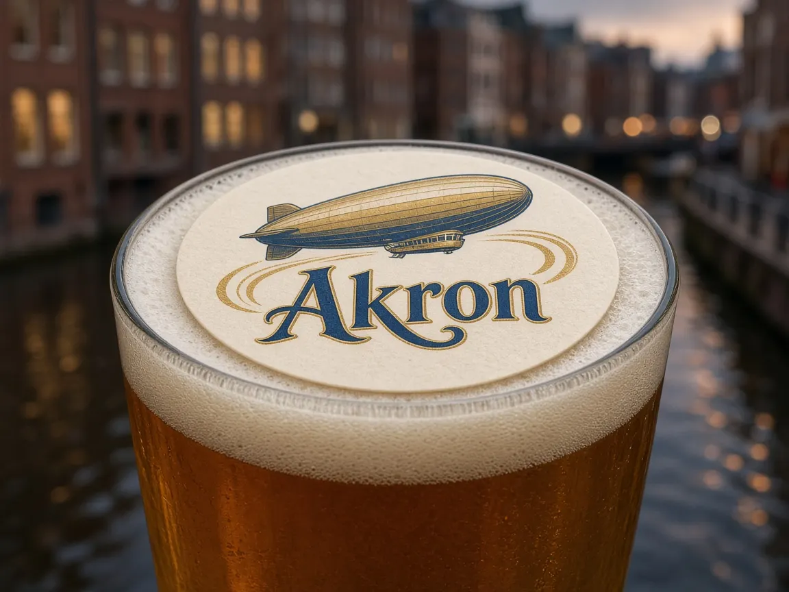 Pint with a vintage airship Akron topper by the downtown canal