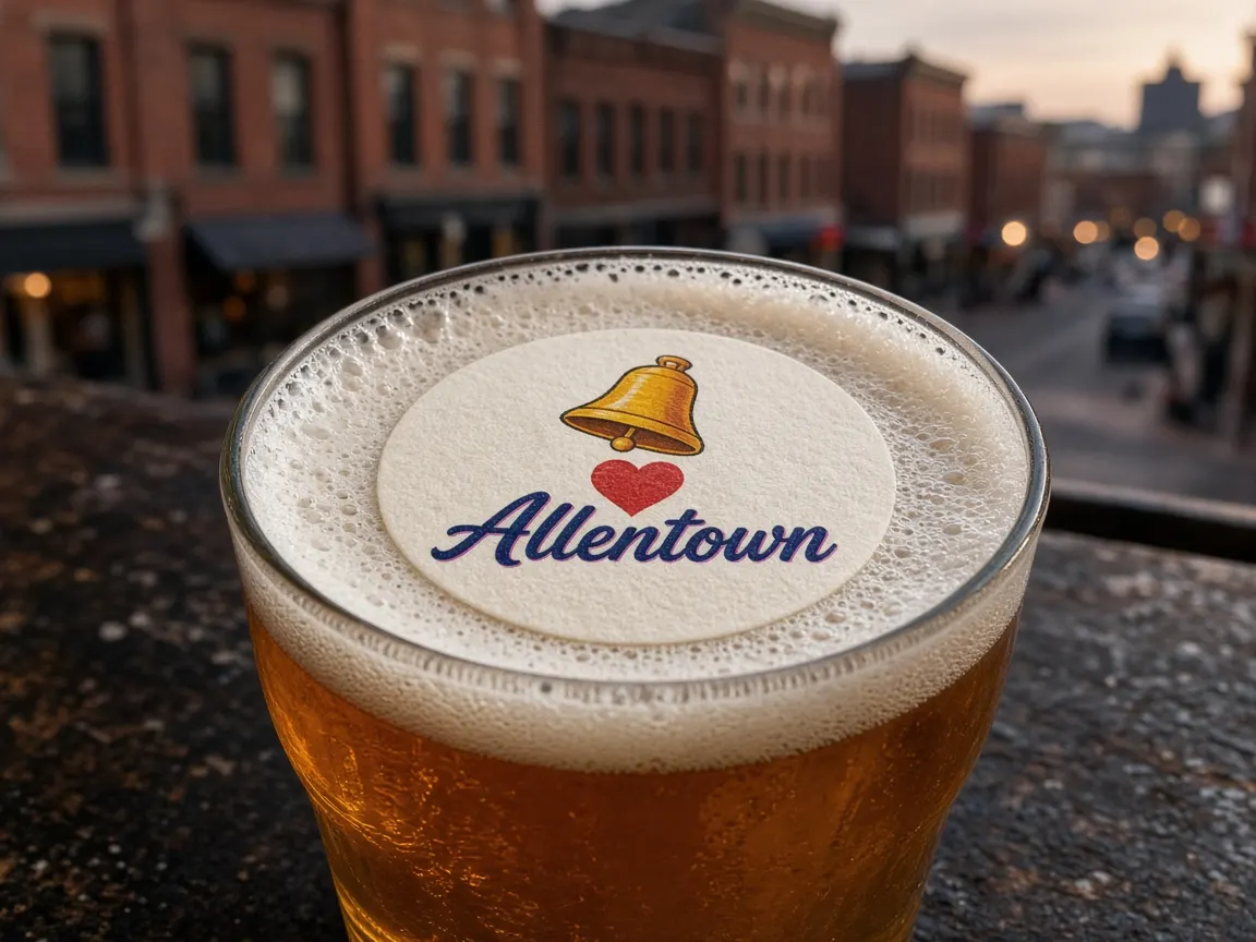 Beer with a bell and heart Allentown topper on a historic downtown street