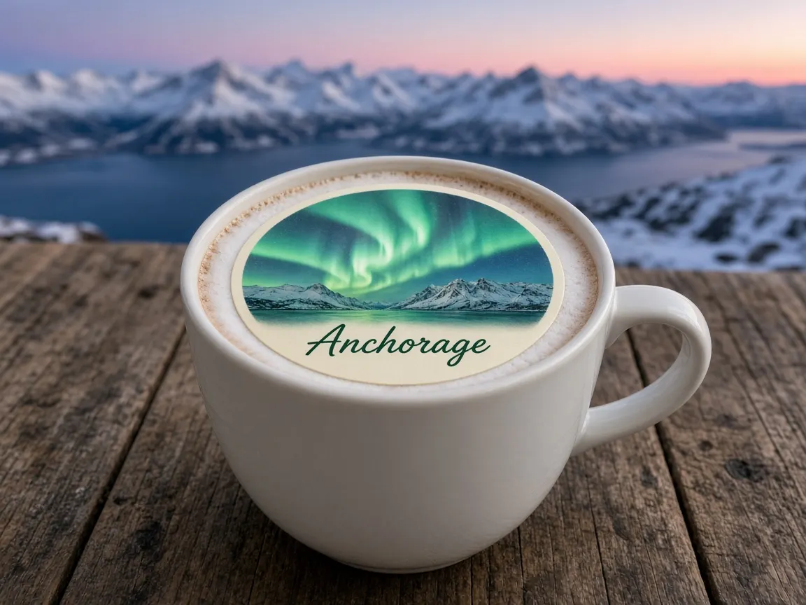 Hot chocolate with a northern lights Anchorage topper overlooking the Chugach mountains