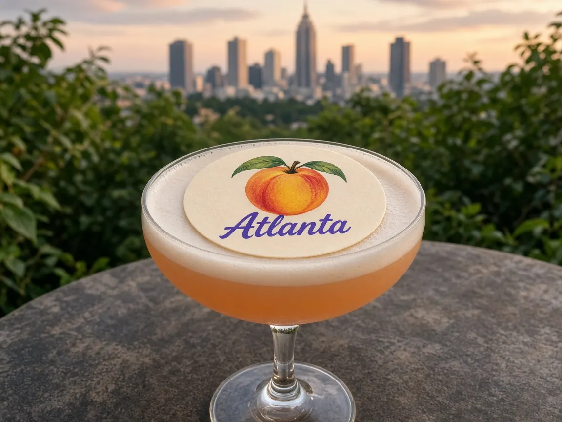 Peach cocktail with an Atlanta peach topper on a garden terrace, Midtown skyline behind