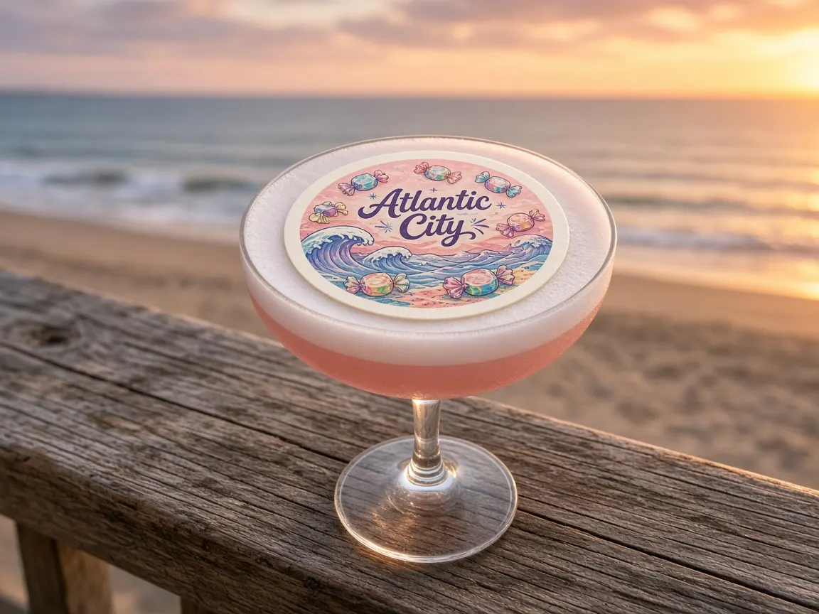 Pink frothy sour with a saltwater taffy and waves Atlantic City topper on the boardwalk