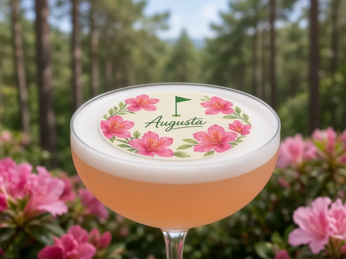 Peach sour with an azalea and golf flag Augusta topper among blooming azaleas
