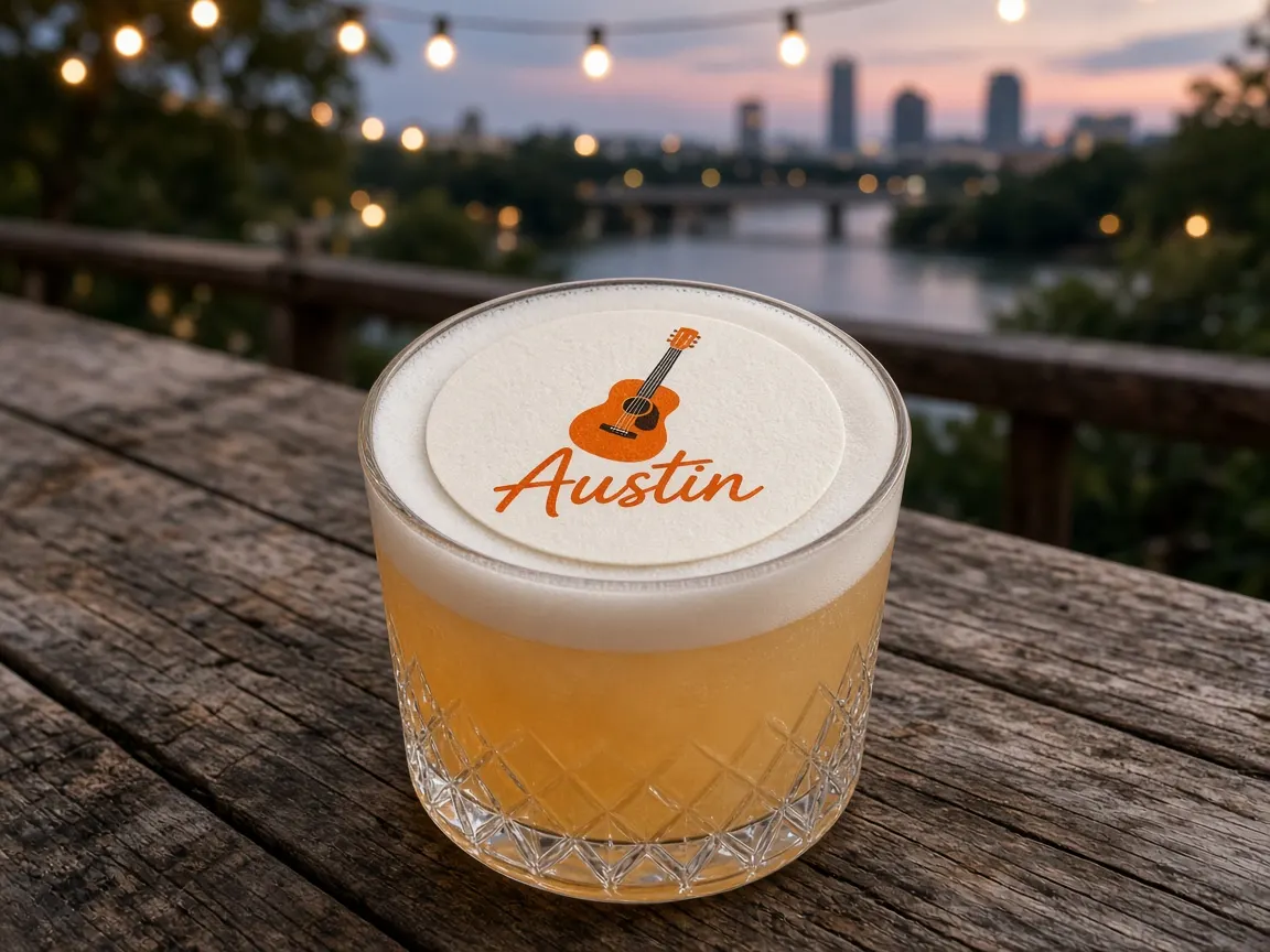 Whiskey sour with an Austin guitar topper under string lights, skyline over the lake behind