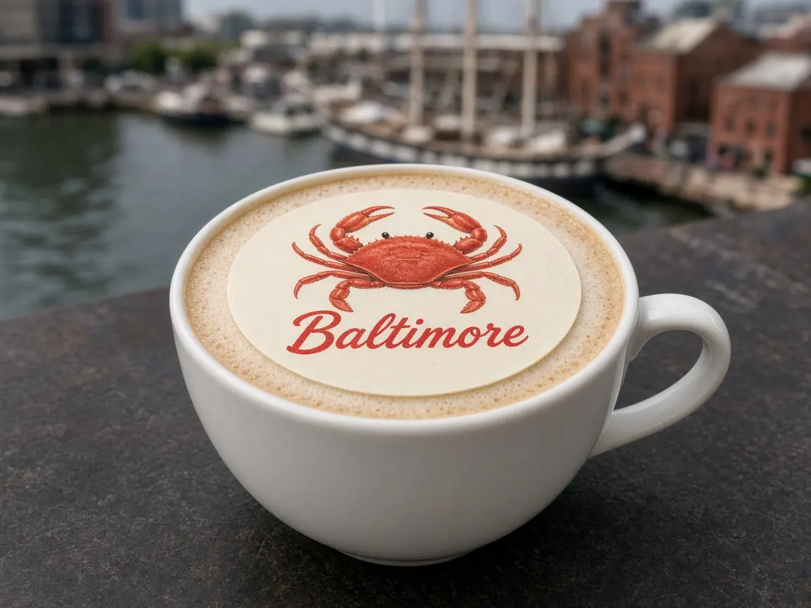 Cappuccino with a red crab Baltimore topper at the Inner Harbor