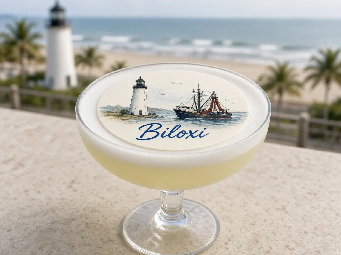 Frothy sour with a lighthouse and shrimp boat Biloxi topper on the Gulf beach