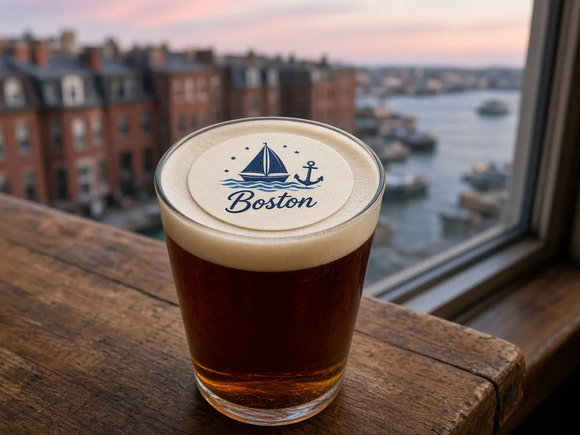 Pint with a Boston sailboat topper by a window overlooking brownstones and the harbour