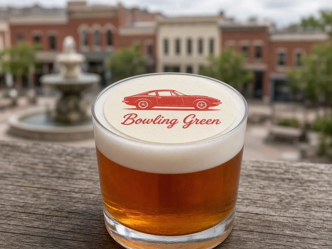 Bourbon sour with a classic sports car Bowling Green topper on Fountain Square