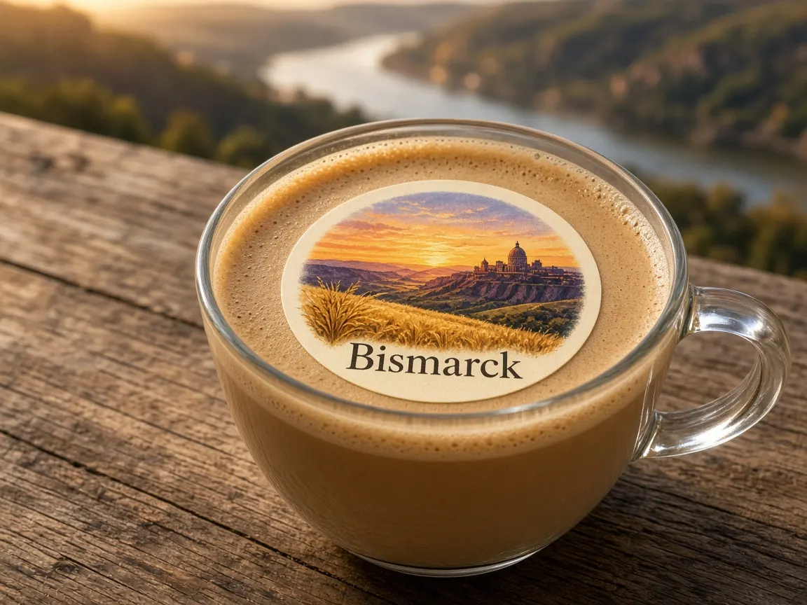Latte with a prairie sunset and capitol Bismarck topper above the Missouri River