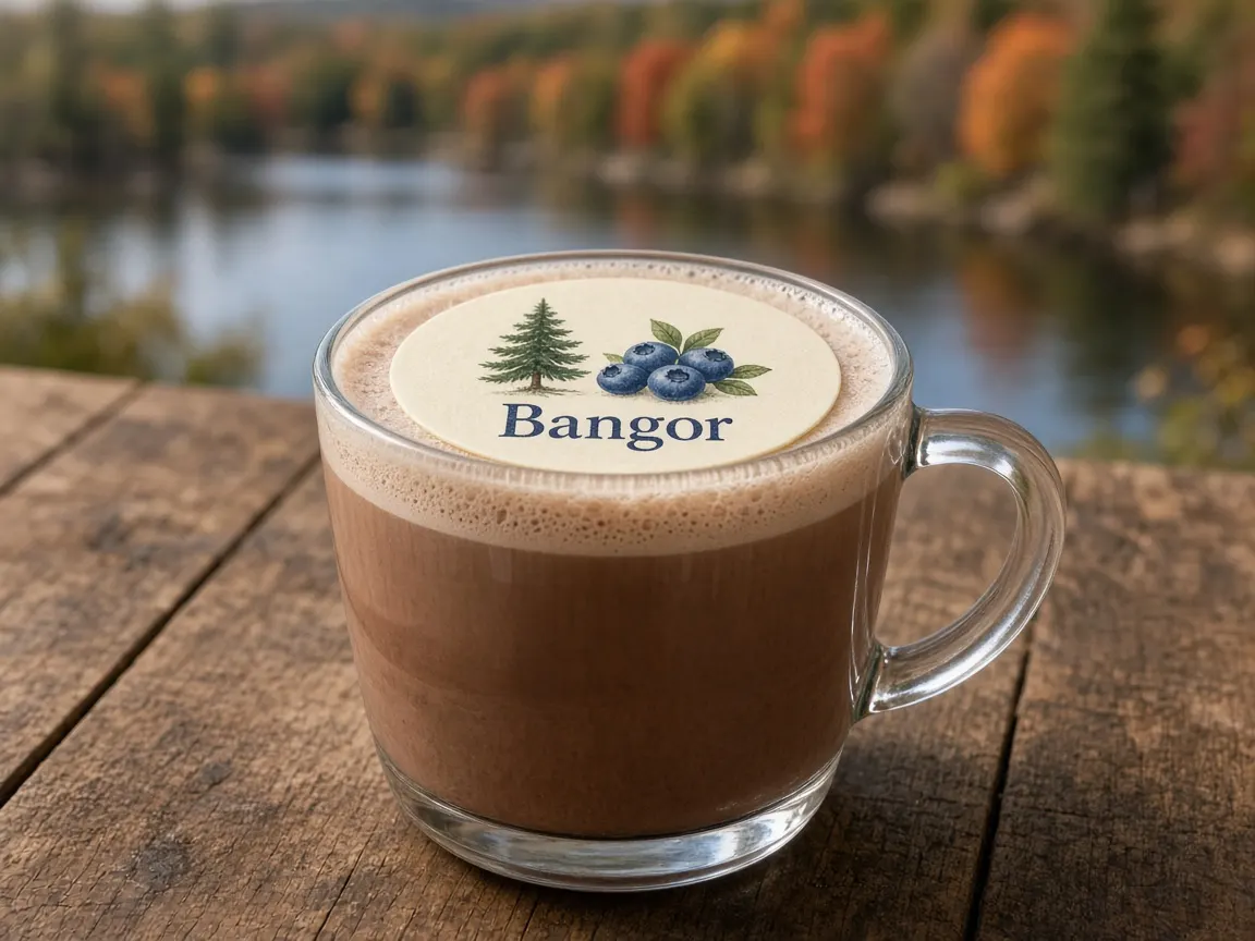 Hot chocolate with a pine and blueberries Bangor topper by a Maine river