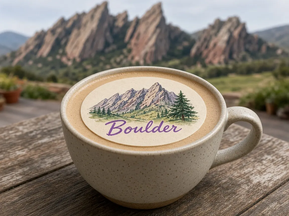 Oat latte with a Flatirons Boulder topper with the Flatirons behind
