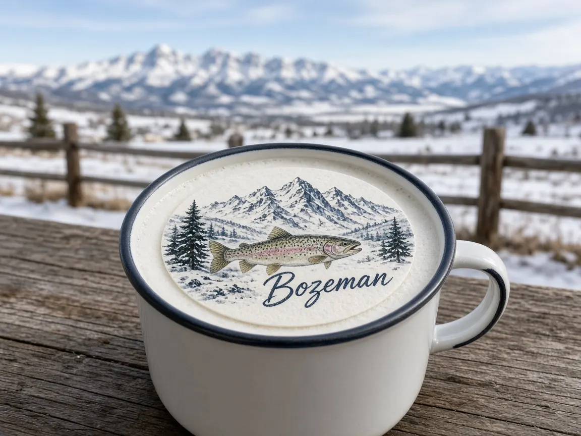 Hot chocolate with a mountain and trout Bozeman topper on a ranch porch