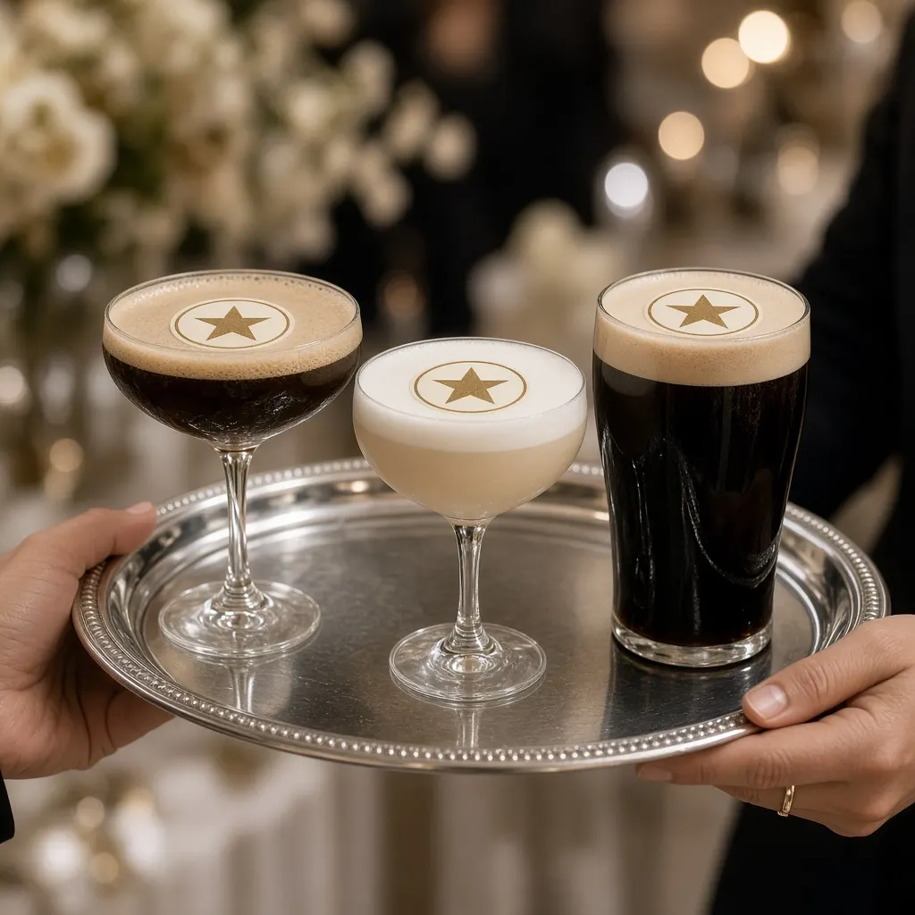 Tray of cocktails and a stout with matching star toppers