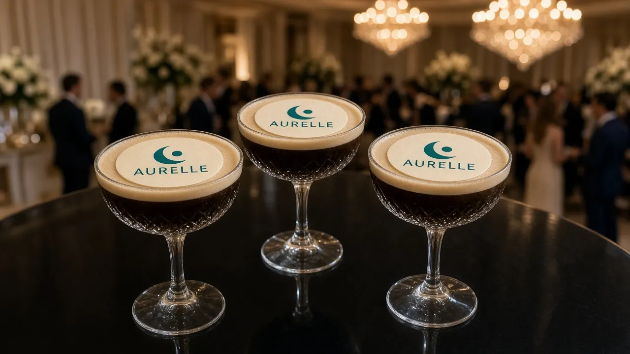 Espresso martinis with Aurelle logo toppers at a corporate reception