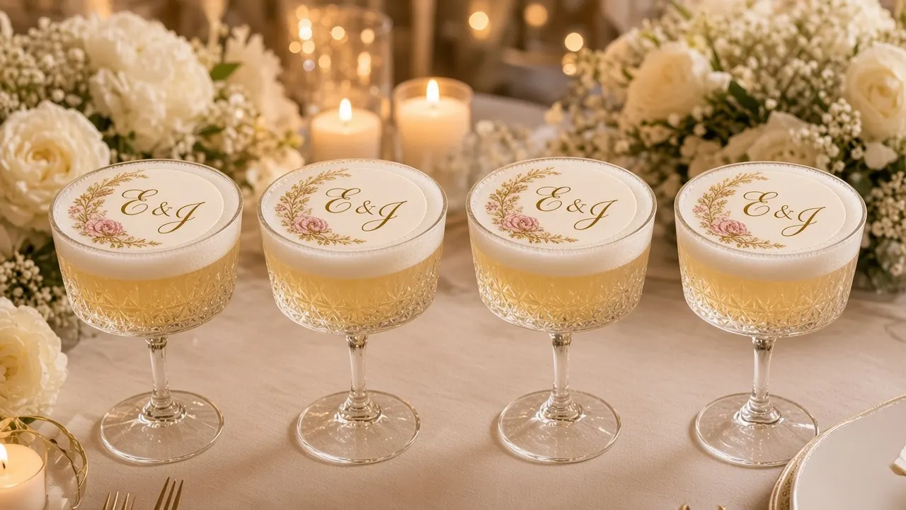 Wedding coupes with floral monogram toppers resting on the foam