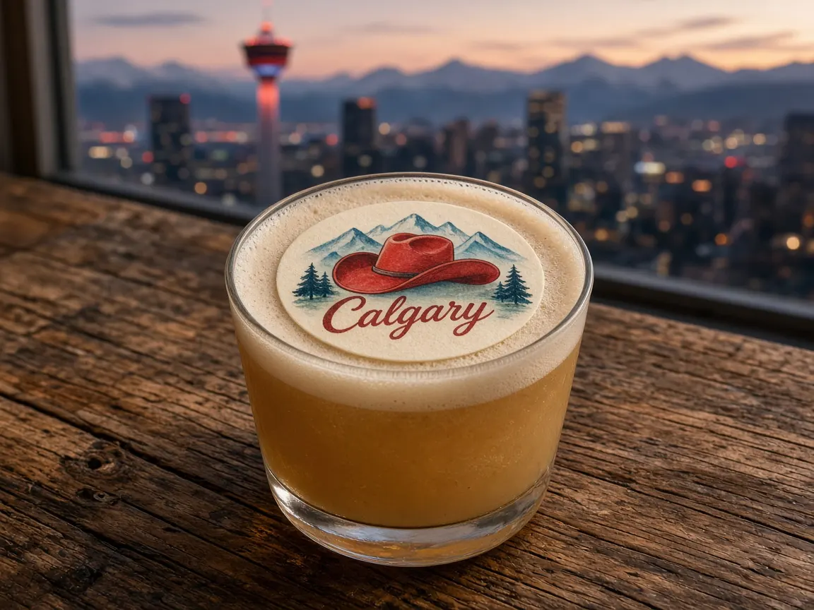Whiskey sour with a cowboy hat and mountains Calgary topper, downtown towers behind