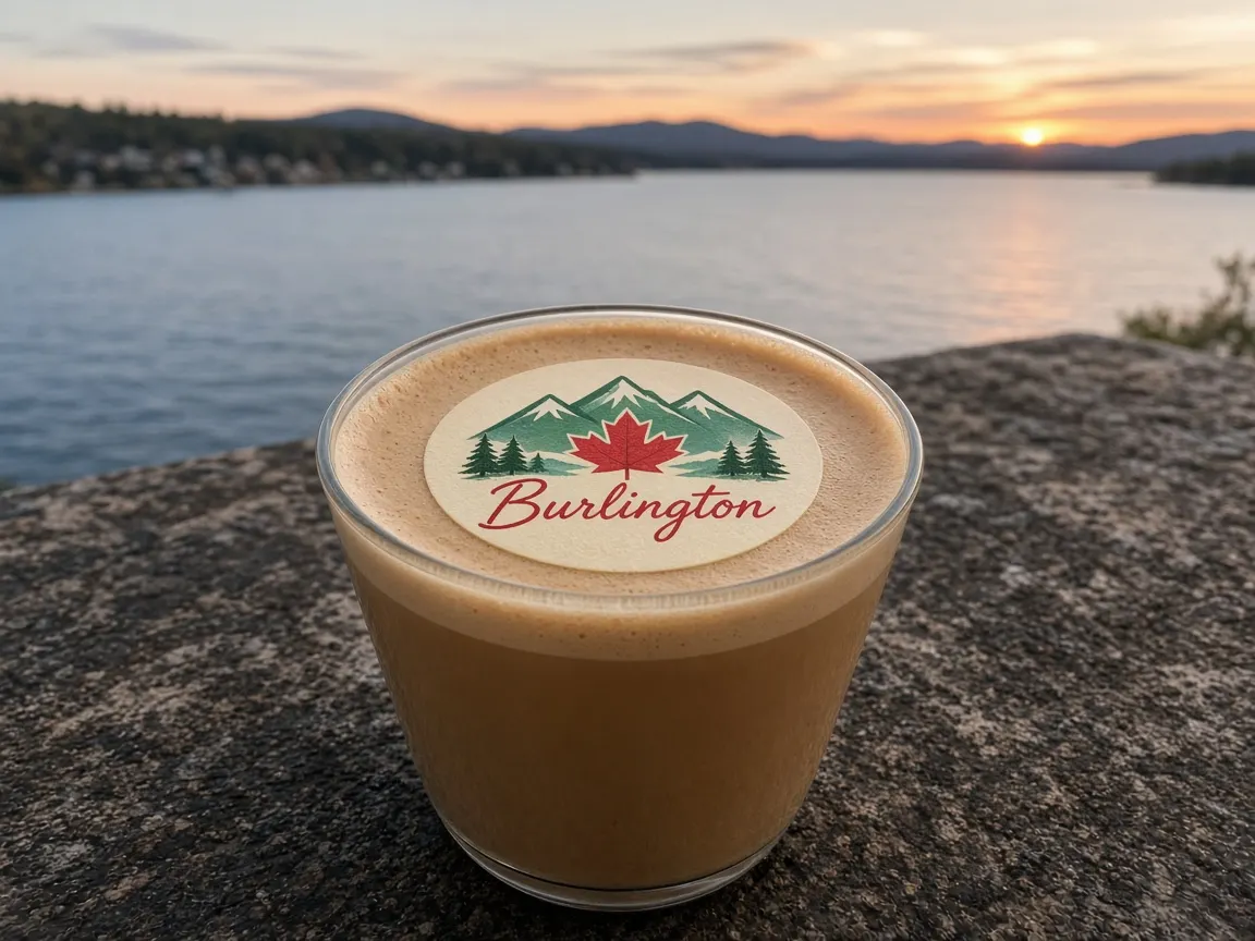 Maple latte with a red maple leaf and green mountains Burlington topper by Lake Champlain