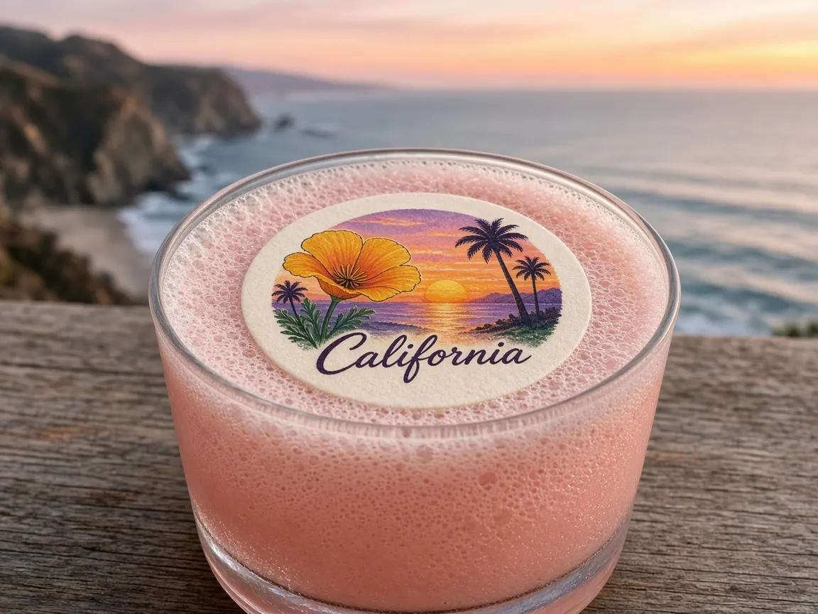 Grapefruit sour with a golden poppy and palm sunset California topper above the coast