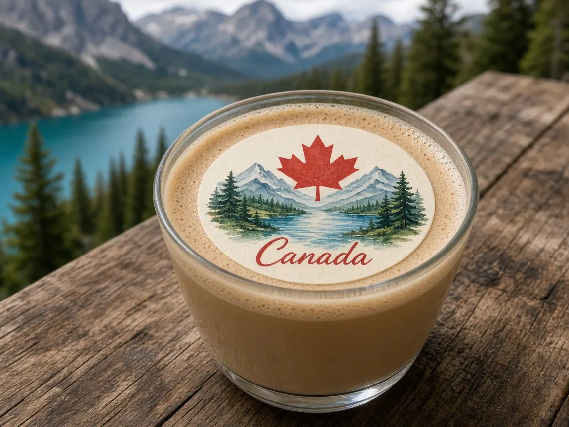 Drink with a printed Canada topper lying flat on the foam