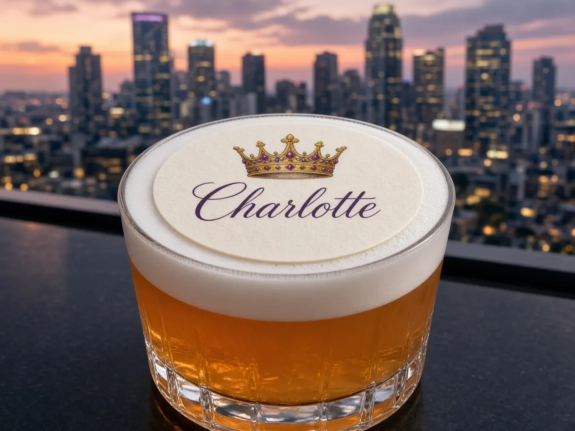 Whiskey sour with a crown Charlotte topper on a rooftop bar overlooking Uptown