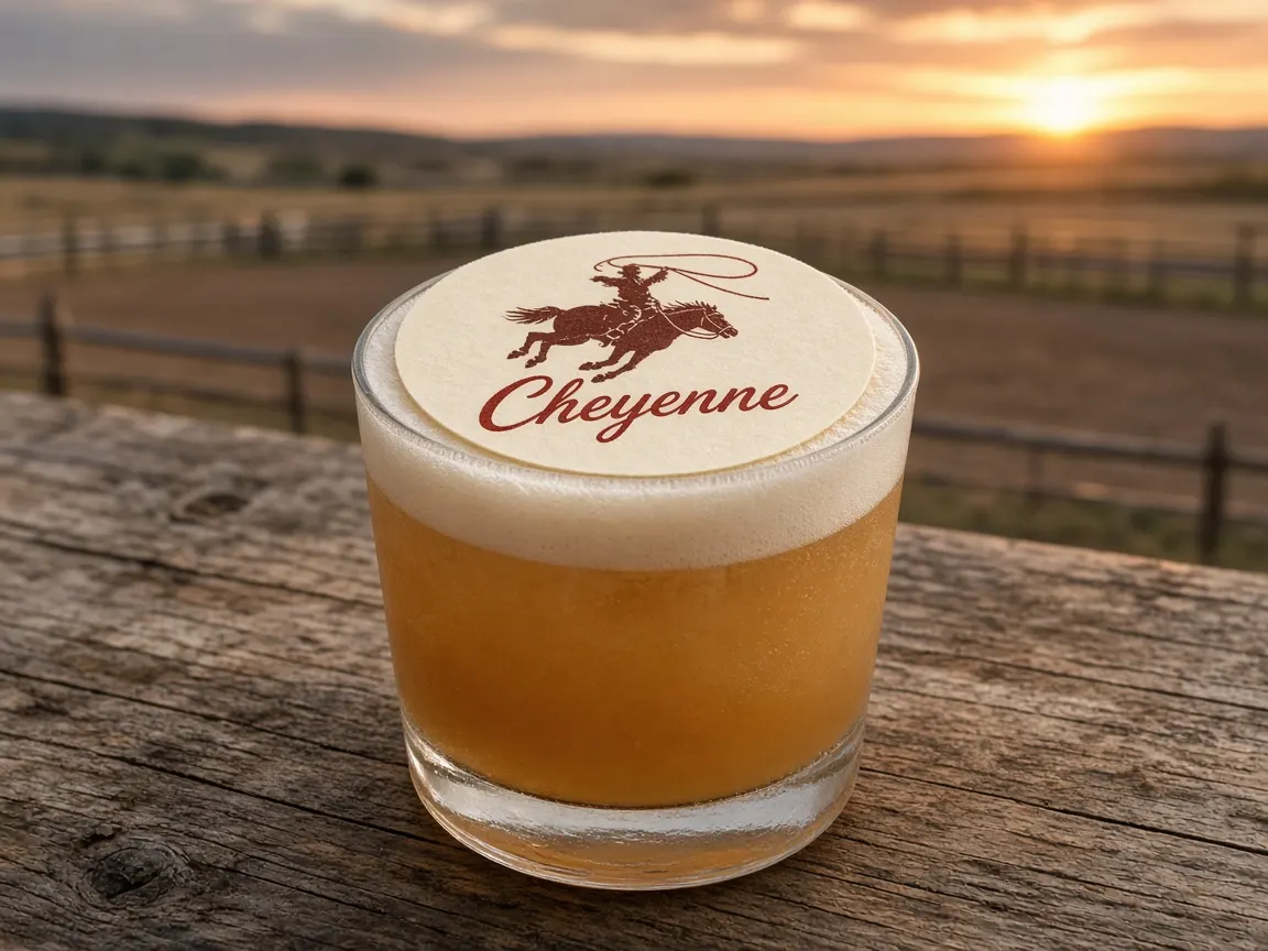 Whiskey sour with a bucking horse silhouette Cheyenne topper by a rodeo arena