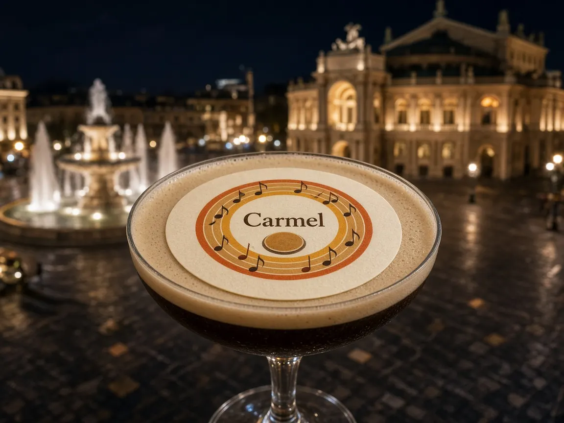Espresso martini with a Carmel topper beside a plaza with a concert hall and fountains