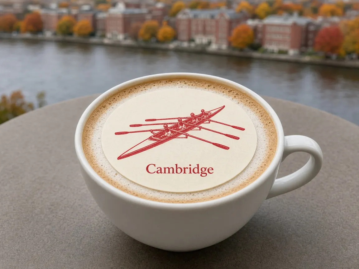 Cappuccino with a rowing crew Cambridge topper by the Charles River