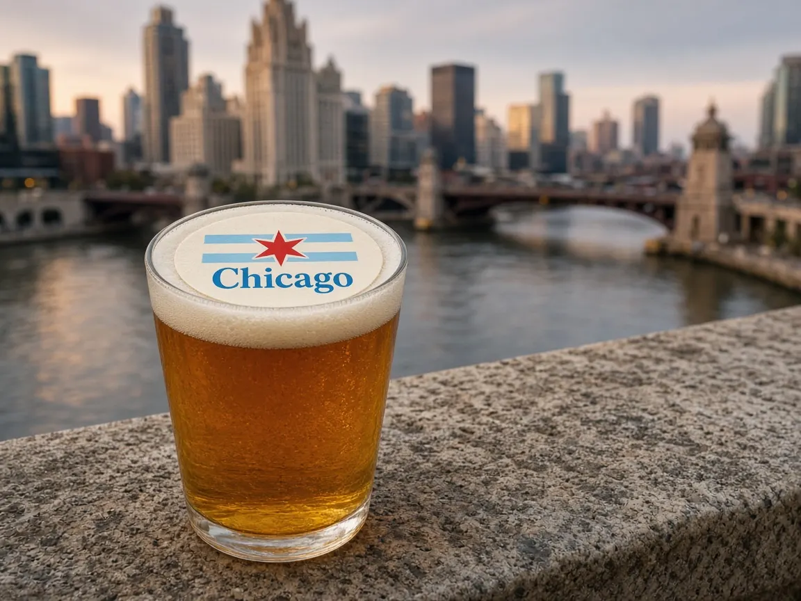 Pint of beer with a Chicago star topper on a riverwalk ledge, art deco towers behind