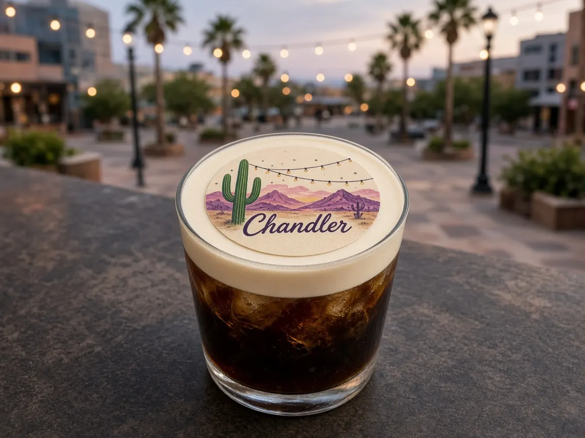 Cold brew with cold foam and a saguaro Chandler topper in a downtown square with string lights