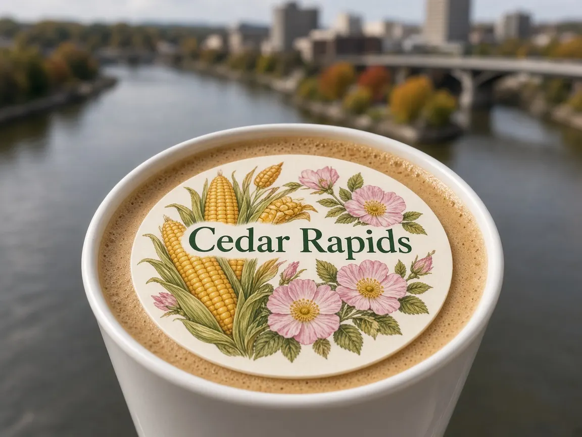 Latte with a corn and wild rose Cedar Rapids topper above the Cedar River