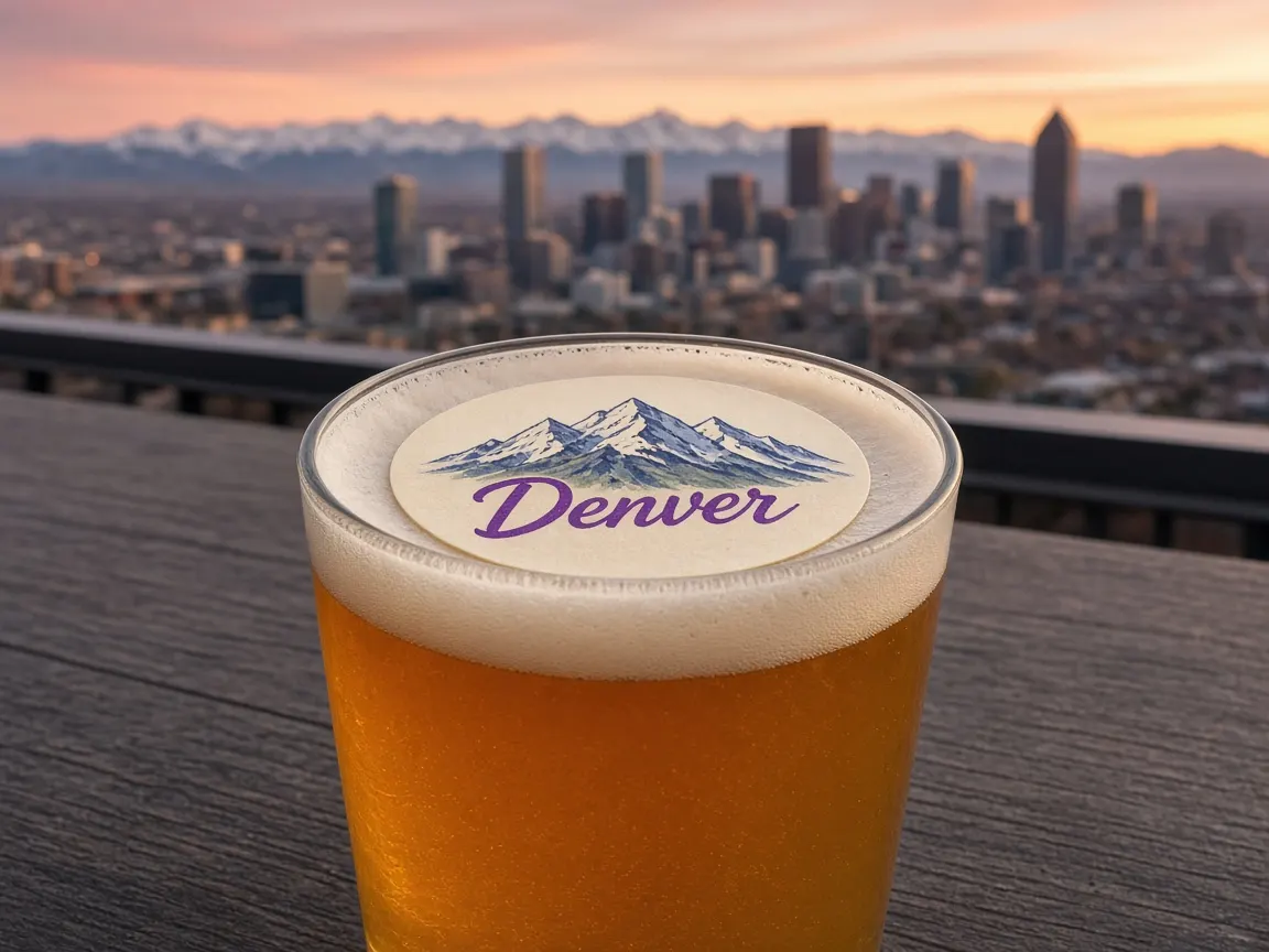 Pint with a Rocky Mountains Denver topper, downtown skyline and mountains behind