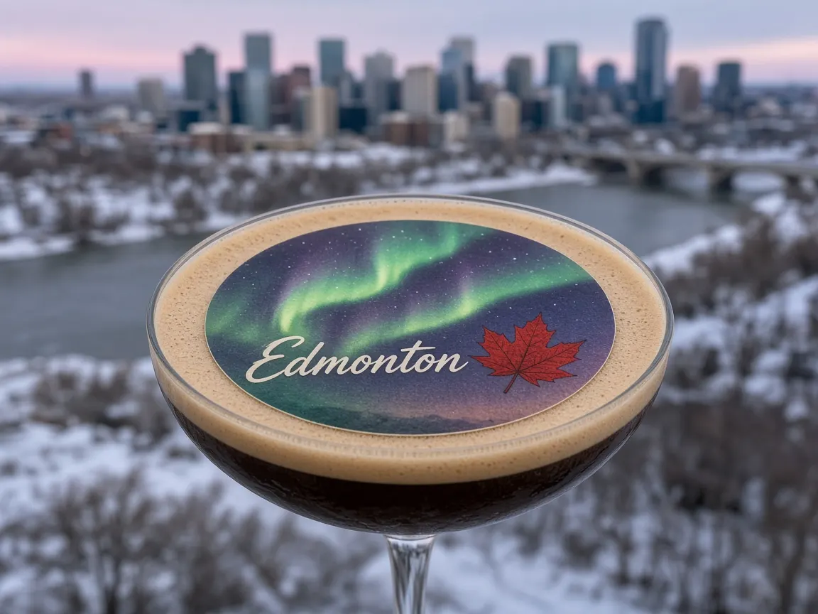 Espresso martini with a northern lights Edmonton topper over the snowy river valley