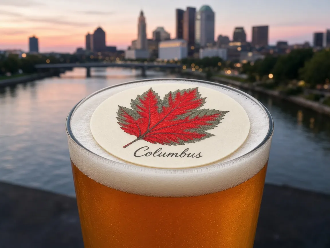 Pint with a scarlet leaf Columbus topper overlooking the Scioto riverfront