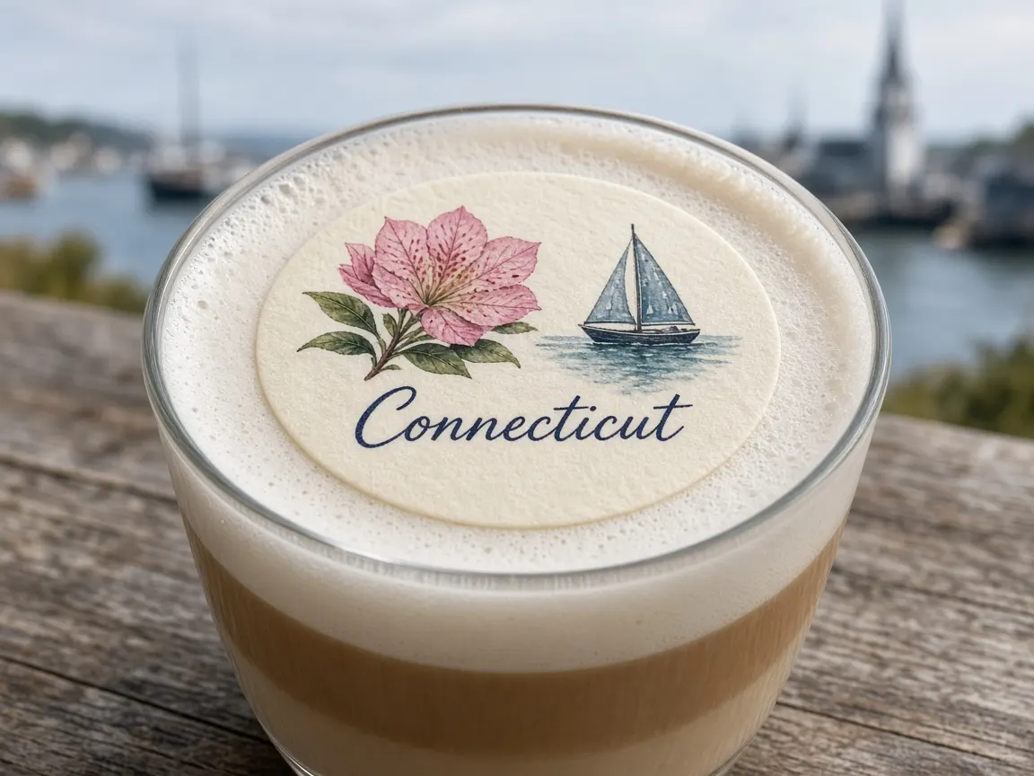 Cappuccino with a mountain laurel and sailboat Connecticut topper by a harbour