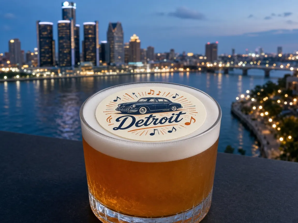 Whiskey sour with a vintage car and music notes Detroit topper on the riverfront
