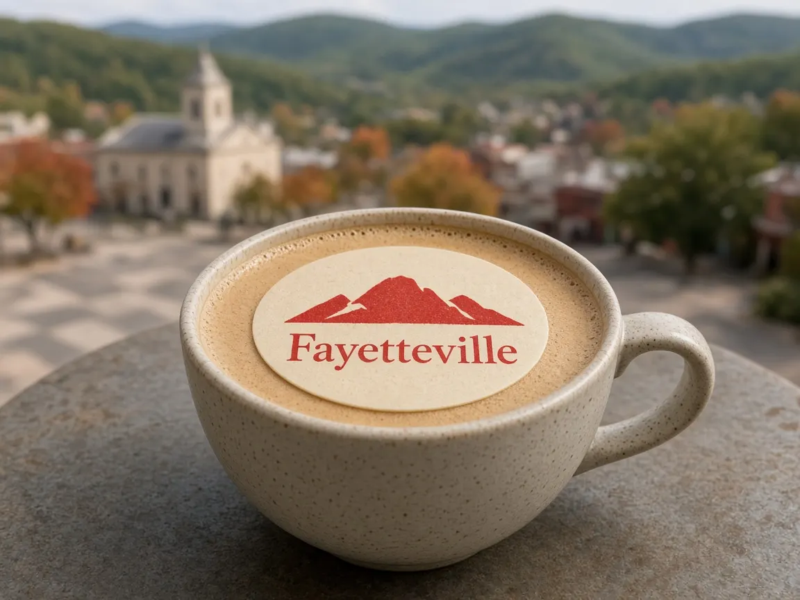 Latte with an Ozark hills Fayetteville topper overlooking the town square