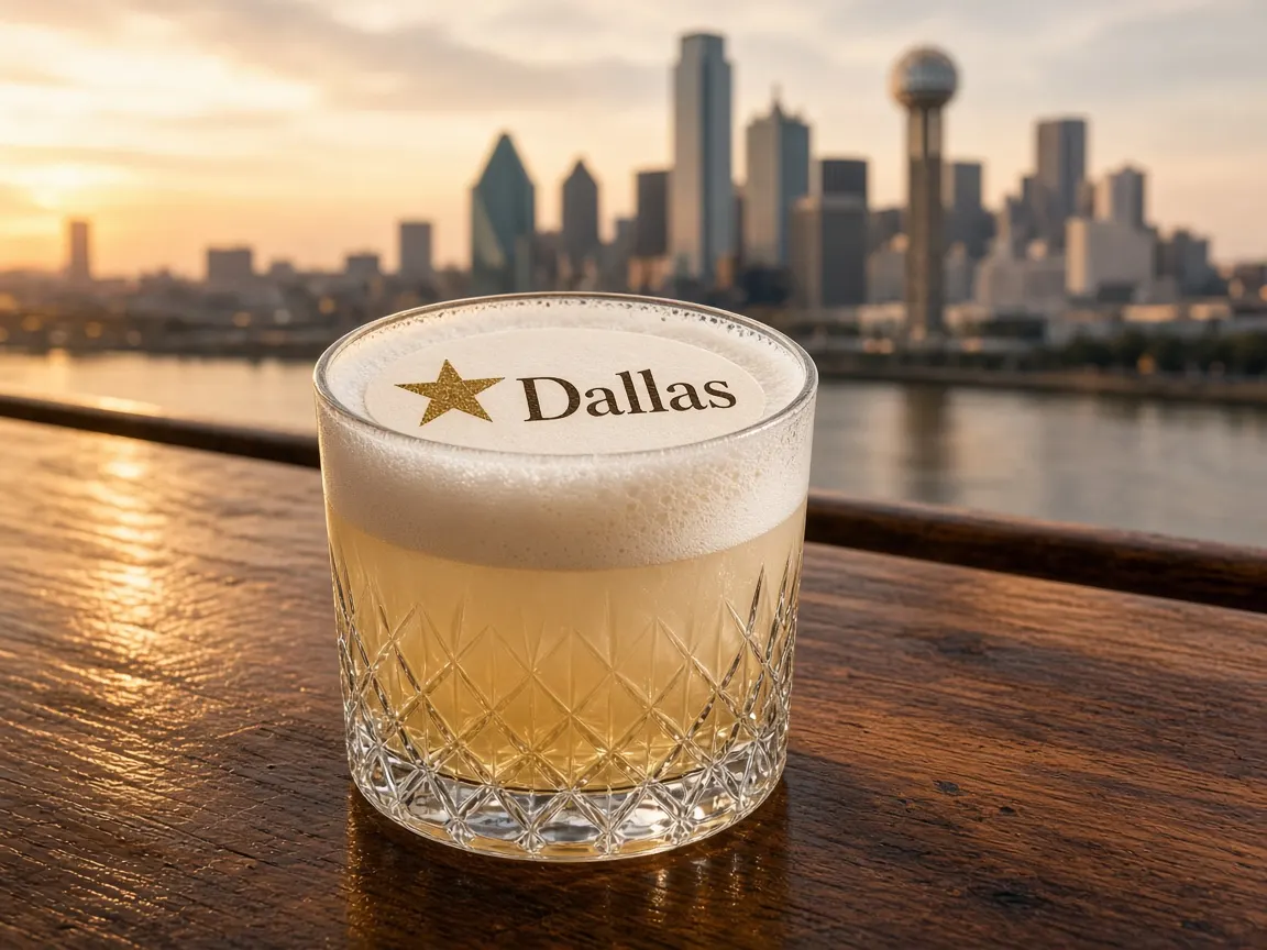 Whiskey sour with a Dallas star topper, Reunion Tower and the Dallas skyline at sunset behind