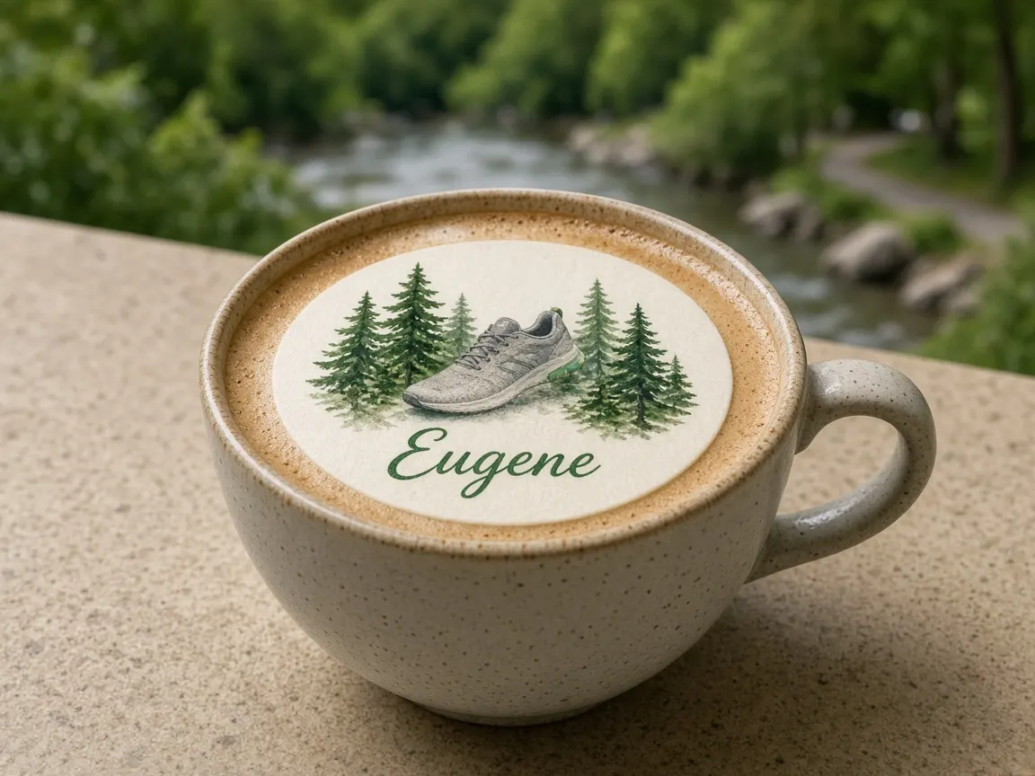 Cappuccino with fir trees and a running shoe Eugene topper by the river