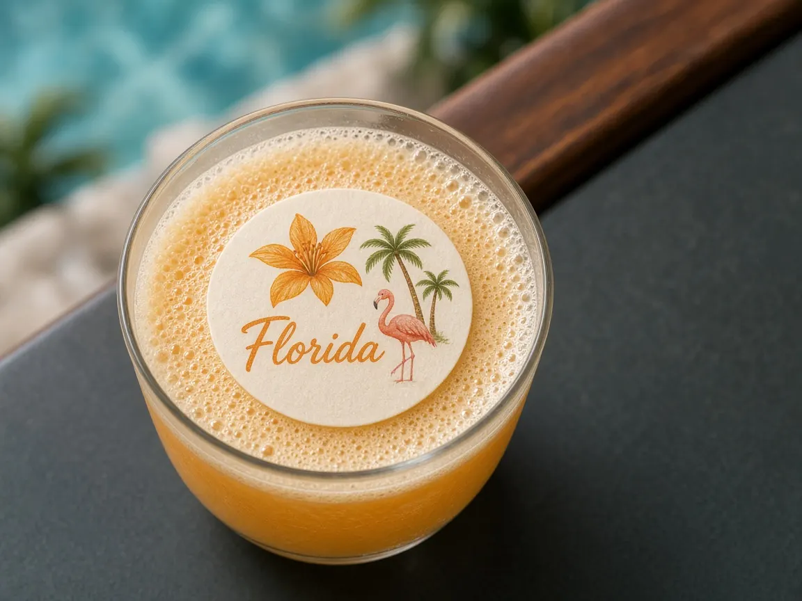 Orange sour with an orange blossom, palms and flamingo Florida topper by the pool