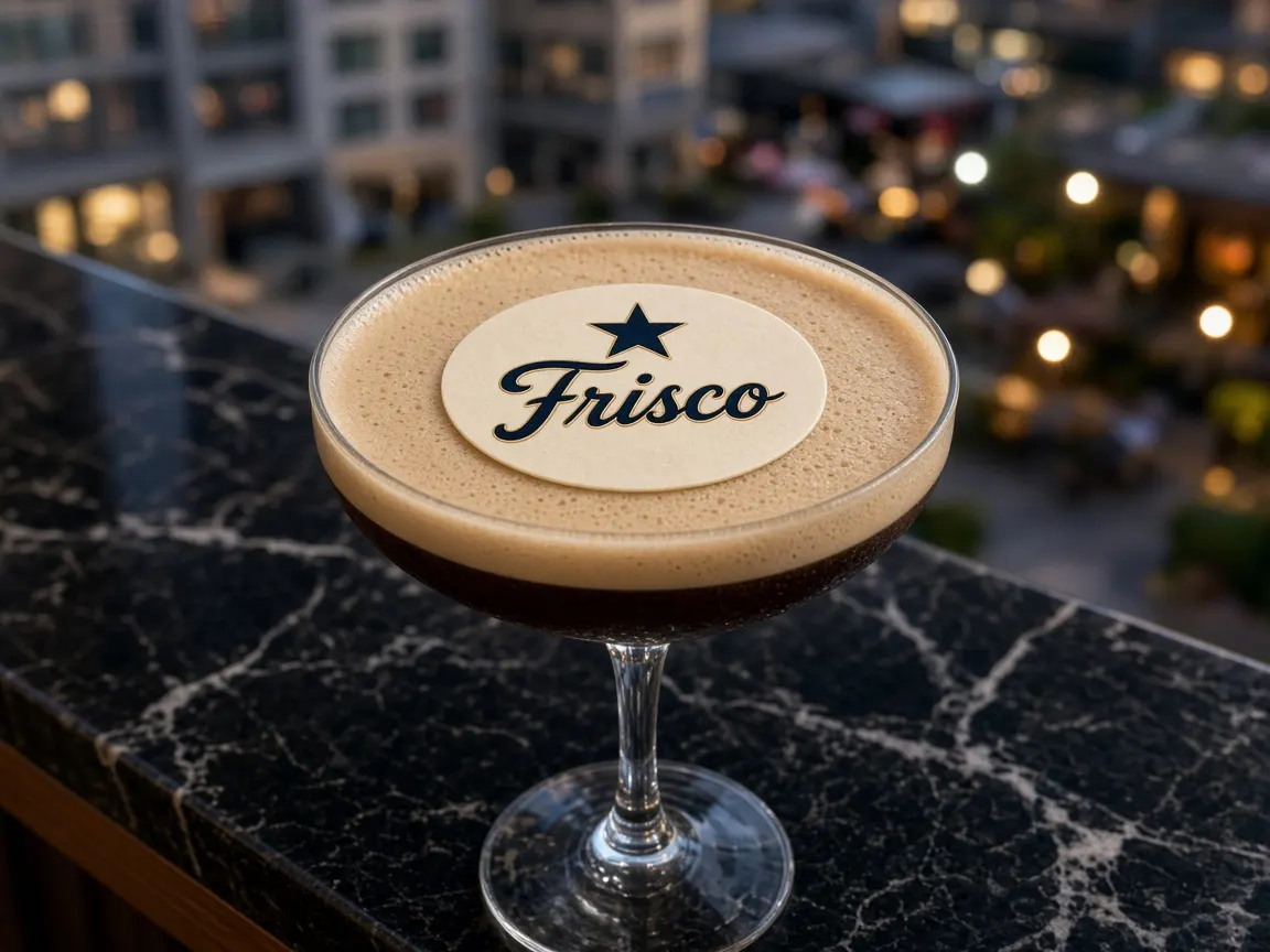 Espresso martini with a star Frisco topper in a modern entertainment district