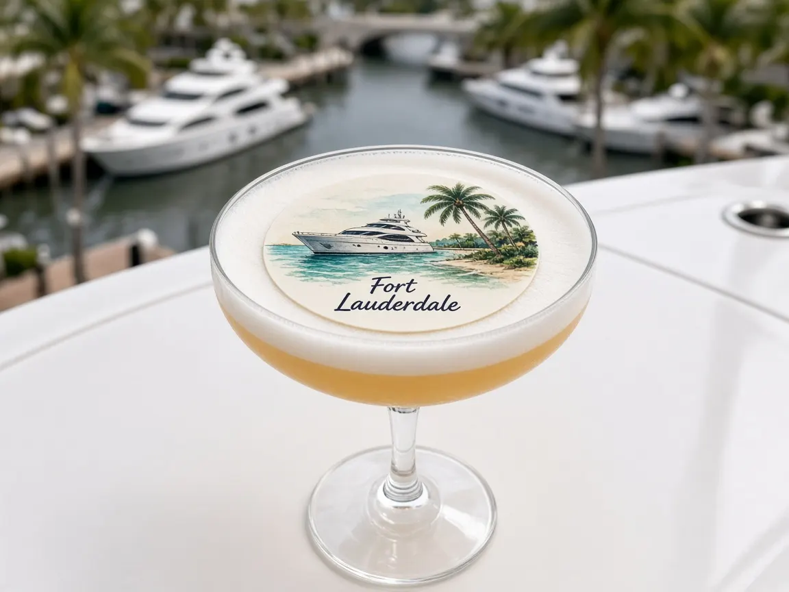 Passion fruit sour with a yacht and palm Fort Lauderdale topper on a yacht deck