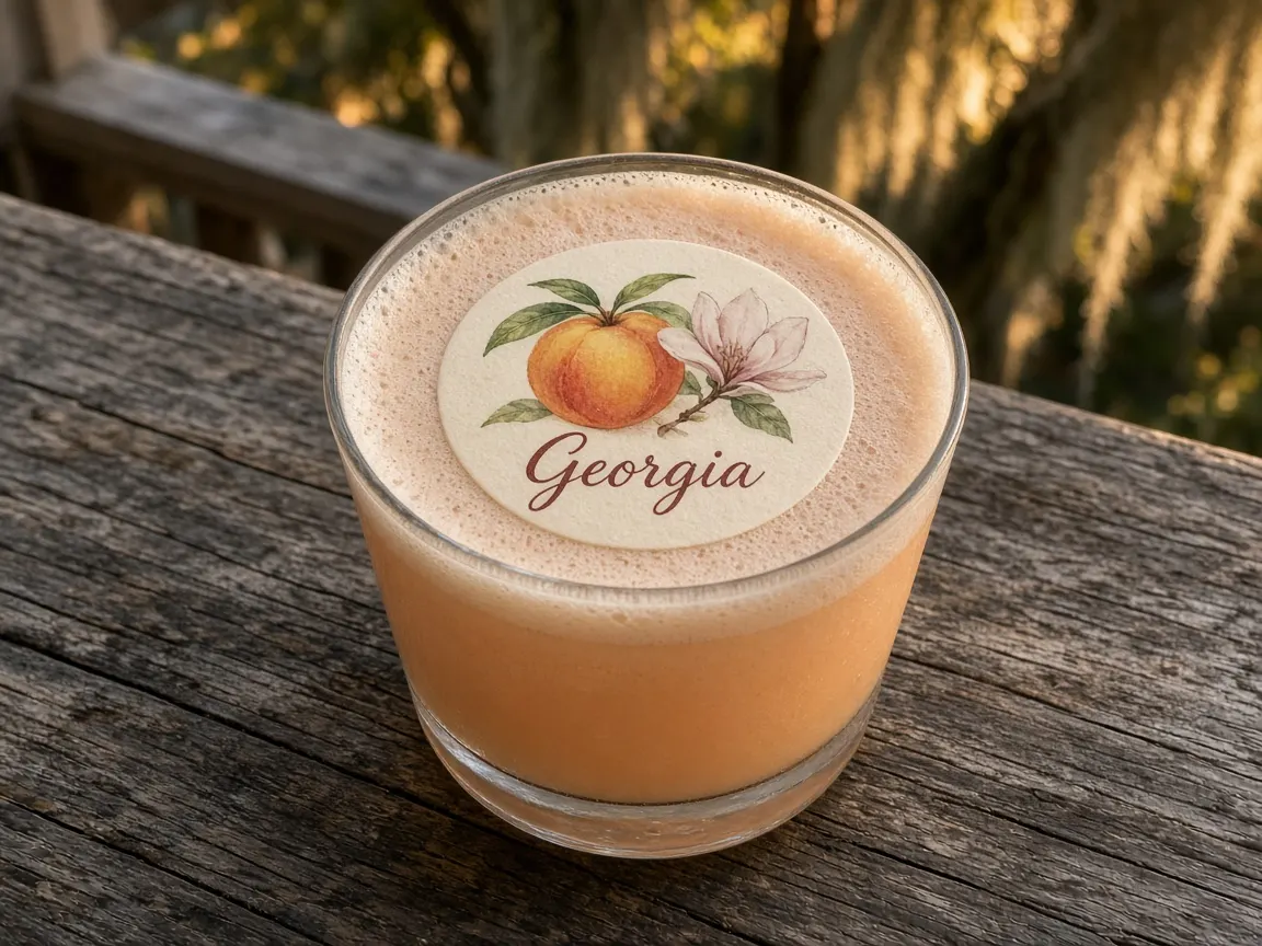Peach whiskey sour with a peach and magnolia Georgia topper under Spanish moss