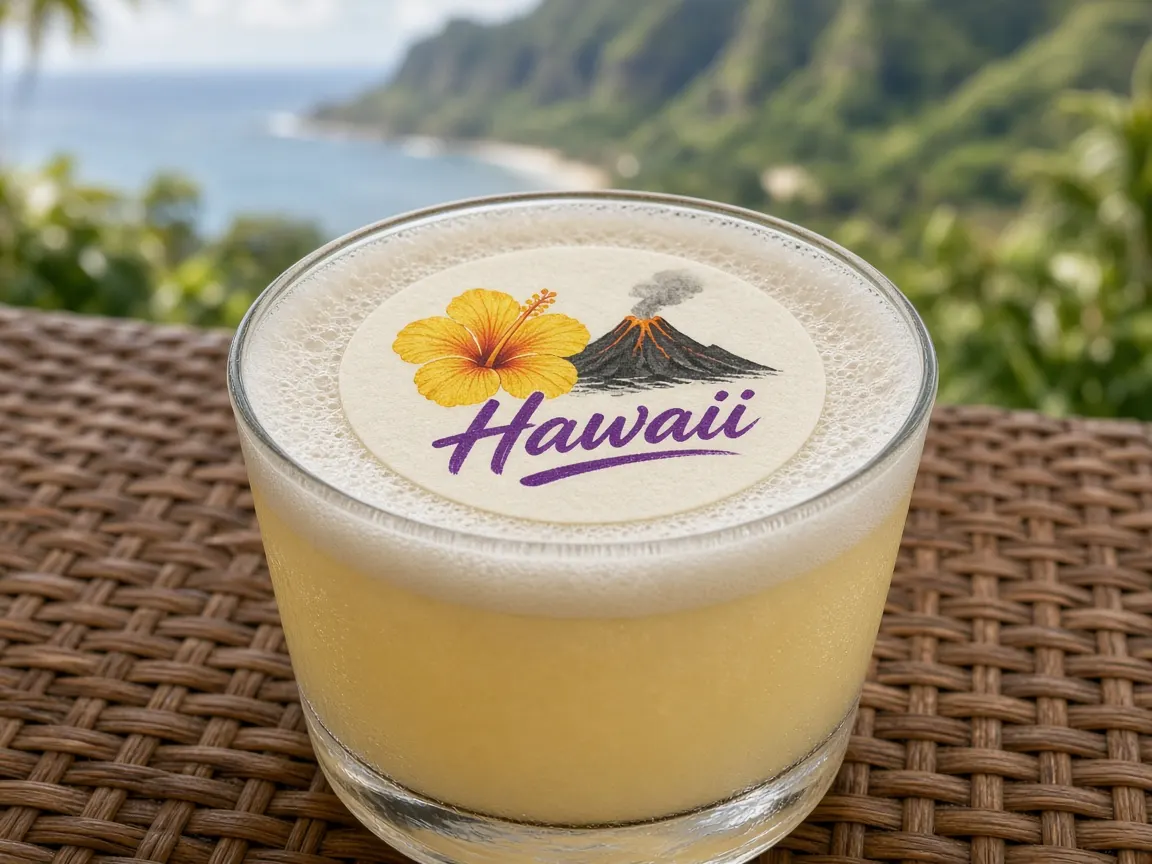 Pineapple sour with a hibiscus and volcano Hawaii topper above the beach