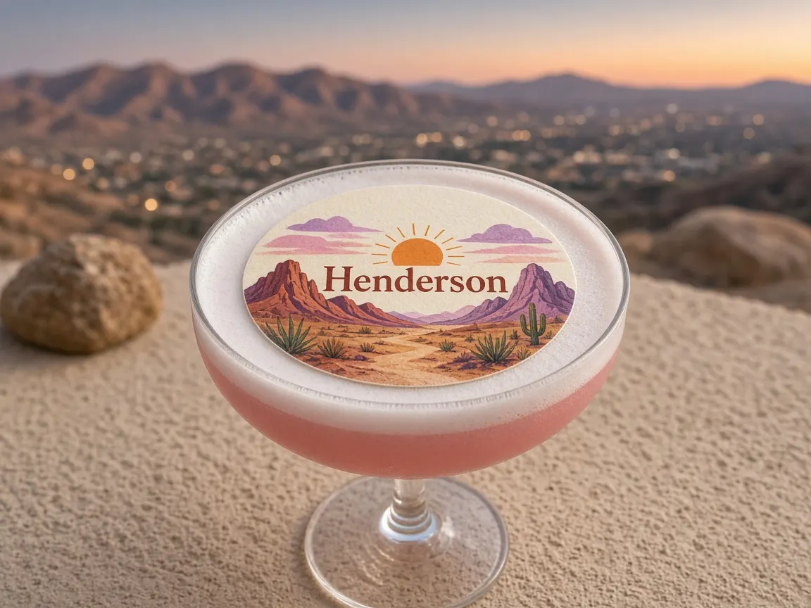 Pink frothy mocktail with a desert sunset Henderson topper overlooking the valley