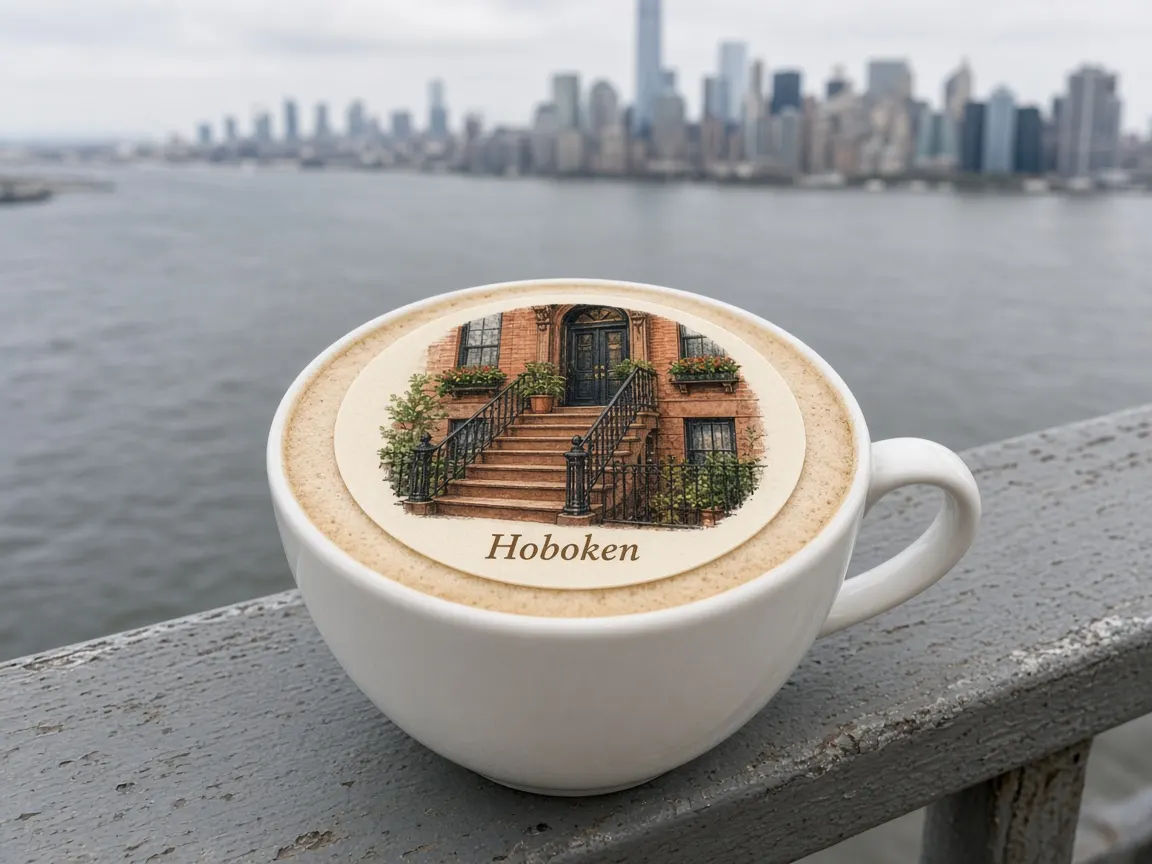 Cappuccino with a brownstone stoop Hoboken topper, Manhattan skyline across the Hudson
