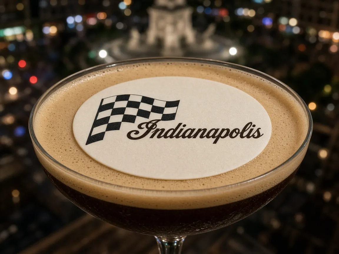Espresso martini with a checkered flag Indianapolis topper, Monument Circle lights behind