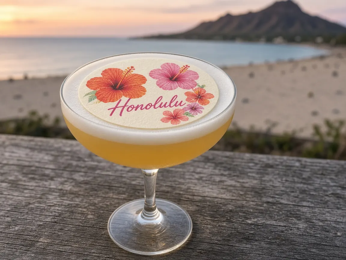 Pineapple sour with a hibiscus Honolulu topper, Waikiki and Diamond Head behind