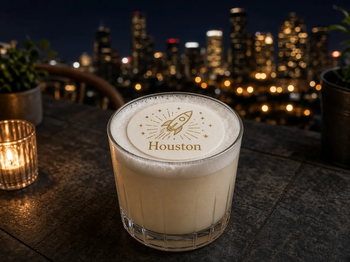 Frothy sour with a Houston rocket topper on a candlelit patio, downtown skyline at night