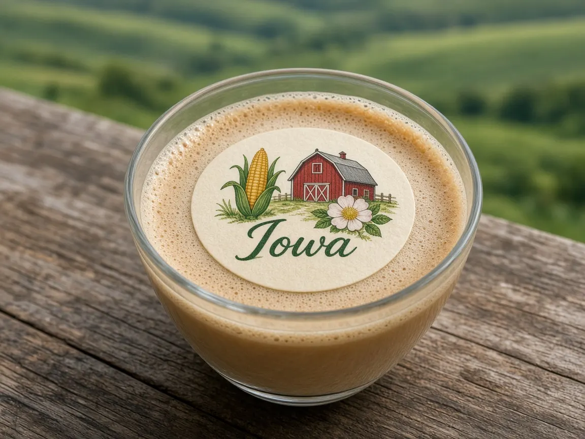 Latte with corn, barn and wild rose Iowa topper above farmland